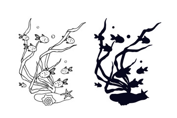 Line sketch,silhouette,stamp of shaggy seaweed with fish and shells.Vector graphics.