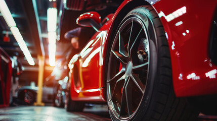 Close-up of a red sports car tire in a modern garage with blurred background