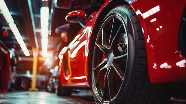 Close-up of a red sports car tire in a modern garage with blurred background