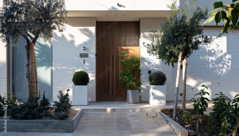 Sticker The contemporary house entrance showcases a wooden door and a minimalist garden design, featuring olive trees and well-maintained greenery, creating an inviting entryway.