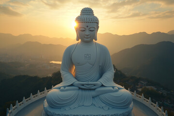 Fototapeta premium Beautiful Buddha statue sitting in meditative posture overlooking a scenic hilltop with setting sun casting warm light, evoking peace, spirituality, and tranquility.