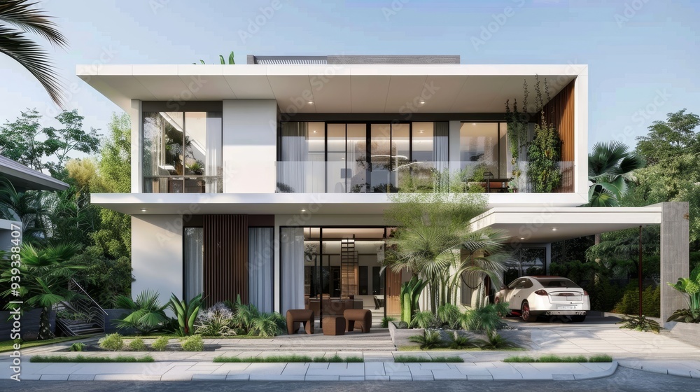 Poster A modern two-story house with a large car porch and lush green garden, showcasing contemporary architectural design.