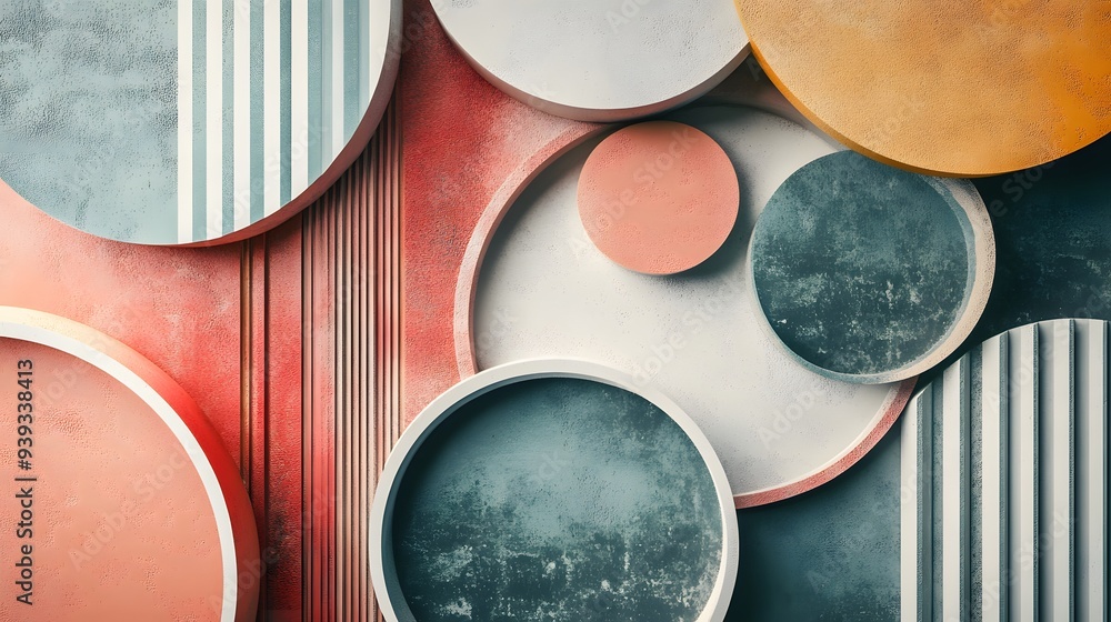Poster 64. dynamic 3d render of geometric elements with a textured circle ceramic background