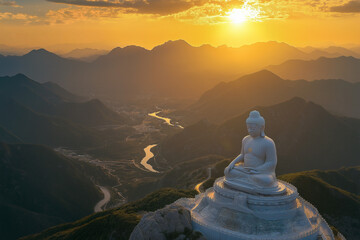 A grand Buddha statue sits peacefully atop a mountain amidst a breathtaking sunset, overlooking a winding river through a valley. The serene landscape evokes tranquility and awe.