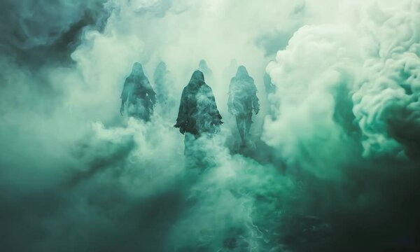 Mysterious shadow figures emerge from the mist in an eerie nighttime landscape