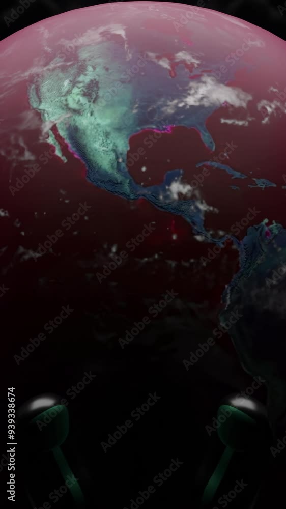 Poster space made in computer graphics. design. a black background with the planet earth rotating in a circ