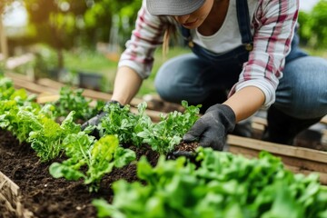 A person is delicately tending to plants in a vegetable garden, demonstrating the careful attention and hard work required to cultivate and maintain healthy plants.