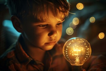 Naklejka premium Young boy is illuminated by a warm lightbulb he is holding, symbolizing imagination and innovation