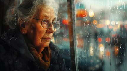 An older woman sitting by a window, watching the rain fall outside with a reflective expression