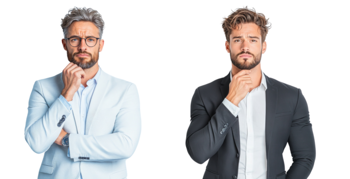 A realistic half-body shot of a businessman in a thinking pose, hand on chin, serious expression isolated on transparency background PNG