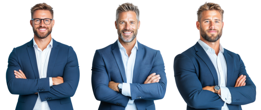 A realistic half-body shot of a businessman smiling confidently, business attire, professional expression isolated on transparency background PNG