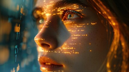 Young female IT specialist analyzes program code on the monitor. Augmented reality. Programmer-developer in the global Internet network. Cybersecurity and artificial intelligence concept.