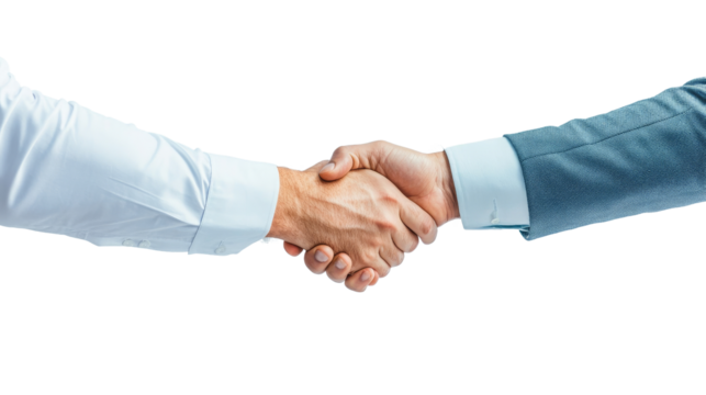 Businessman shaking hands, welcoming expression isolated on transparency background PNG