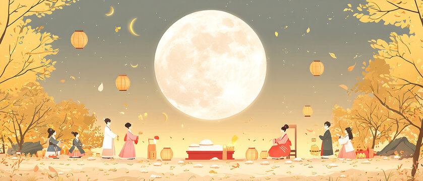 A flat vector illustration of a 추석 (Chuseok) celebration, full moon in the background, traditional Korean elements like lanterns and rice offerings, hanbok-clad figures, autumn landscape with golden