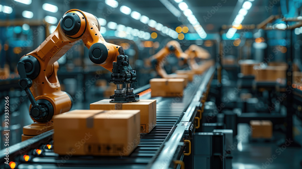 Poster a futuristic packaging line in a factory, with robotic arms sealing boxes on conveyor belts. generat