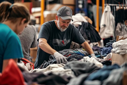 volunteers sorting through donated clothes at a charity organization
