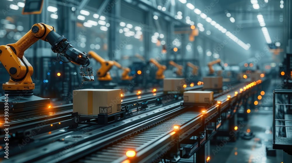 Poster a futuristic packaging line in a factory, with robotic arms sealing boxes on conveyor belts. generat