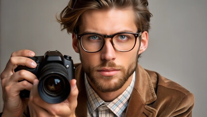 Portrait of a handsome hipster guy with a beard, in glasses and jacket, with camera in his hands photographer, freelancer at grey background