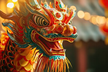 Chinese dragon head with colorful red, yellow, and green paper-cut elements