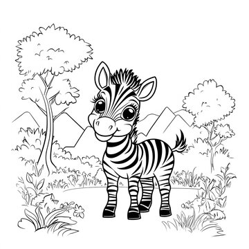 recommend clip art: Happy big-eyed zebra in nature to color