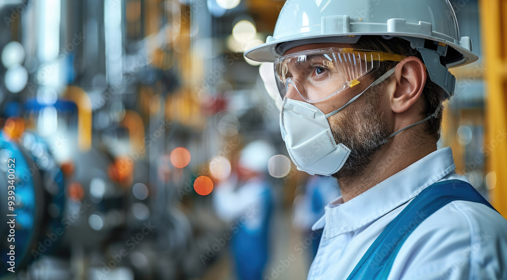 Poster engineer working in a chemical factory. generative ai.