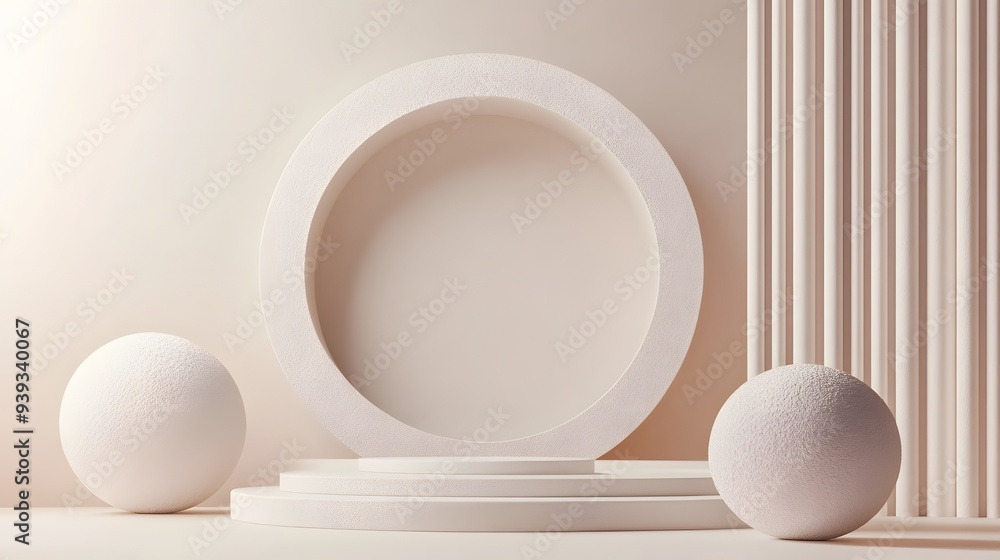 Poster 53. stylish 3d render featuring a fusion of geometric figures and a textured circle ceramic backgrou