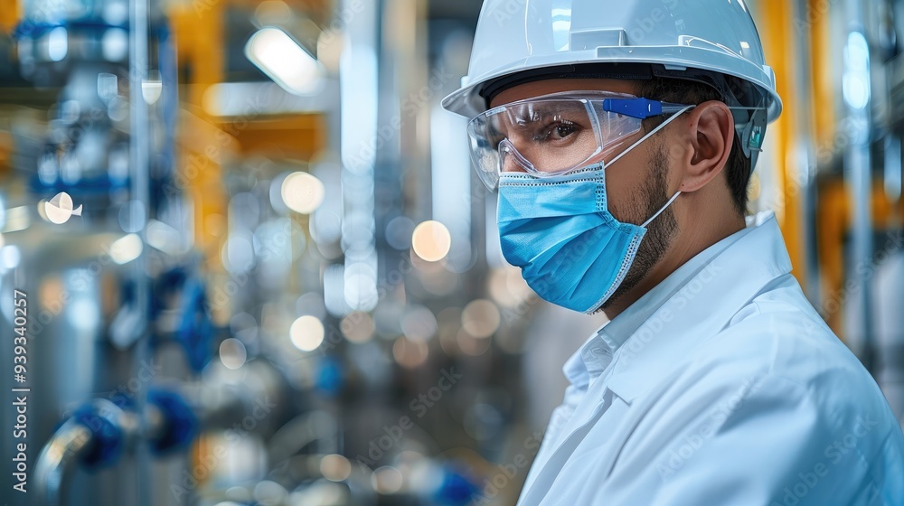 Poster Engineer working in a chemical factory. Generative AI.