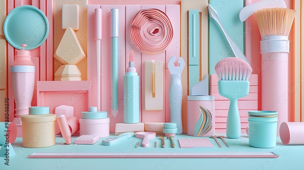 Poster a set of tools resembling an architectural space. with paper textures. color palette, multiple paste
