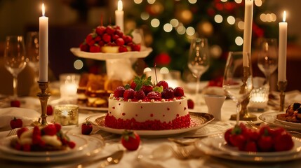 Naklejka premium A festive table serving with a themed cake as the centerpiece, complemented by matching desserts and decorations for a specific occasion.