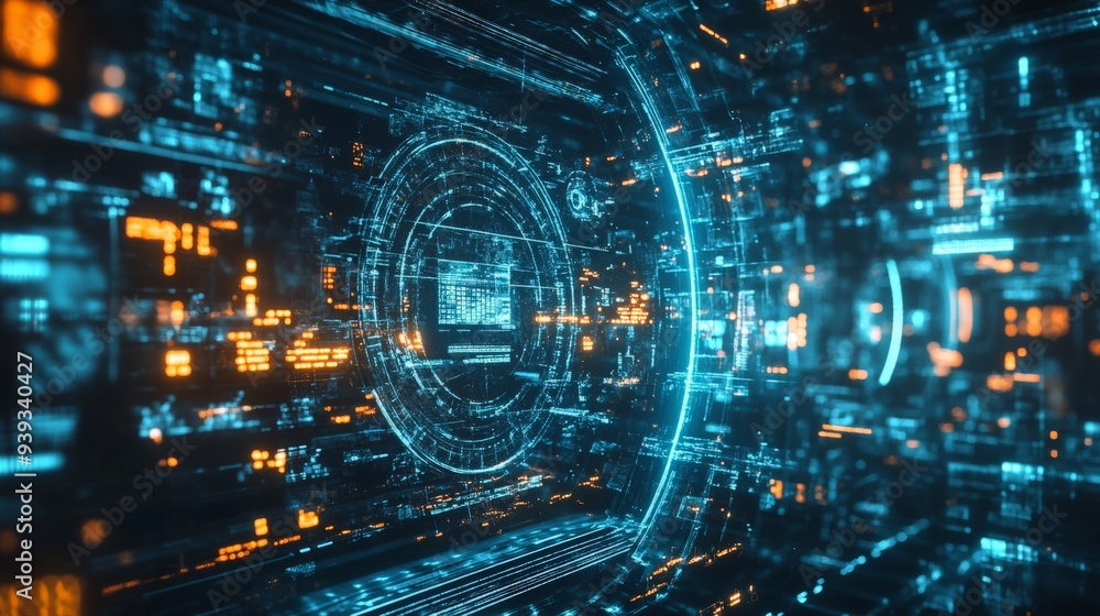 Poster futuristic digital interface background with neon lights and complex circuitry, perfect for tech, in
