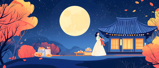 A flat vector illustration of a 추석 (Chuseok) festival scene, full moon in a deep blue sky, hanbok and traditional foods, serene background with autumn colors, elegant patterns