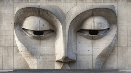 Abstract Concrete Face Sculpture on Modern Building Wall with Intricate Details and Symmetrical Design