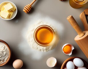 Fototapeta premium An overhead shot of a baking scene with honey as the central ingredient, surrounded by flour - national honey month