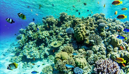 Obraz premium Vibrant Coral Reef Teeming with Colorful Tropical Fish