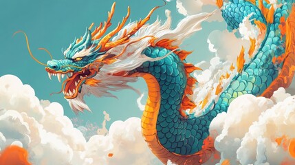 Obraz premium Chinese dragon, turquoise blue body with yellow scales and orange details on the back of its head