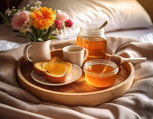 warm image of a cozy breakfast in bed setup, featuring a tray with honey, toast, tea, and flowers - national honey month