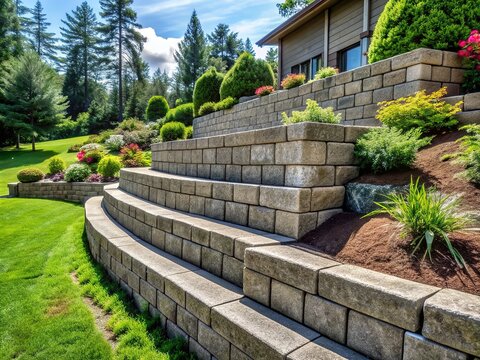 Rugged concrete blocks stacked to form a sturdy retaining wall, expertly installed to stabilize soil and create a strong, durable outdoor landscape feature.