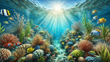 Obraz premium Vibrant Coral Reef with Sunlight Rays and Colorful Tropical Fish