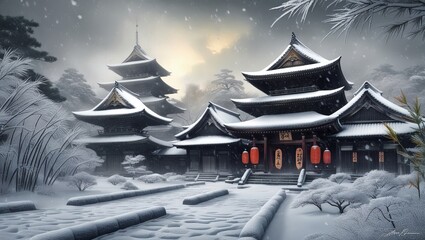 Whispers of Winter: Ancient Temples in a Snow-Covered Tranquility