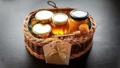 honey-themed gift basket, filled with honey jars, beeswax candles, and honey - national honey month