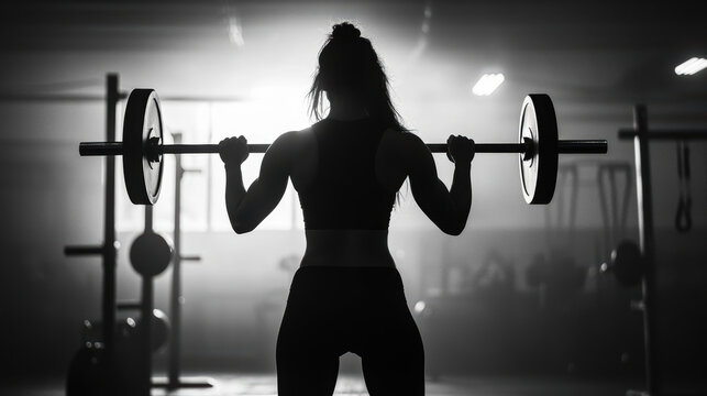 Silhouette of a woman lifting weights in a gym.