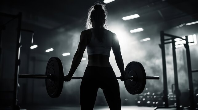 Silhouette of a woman lifting weights in a gym.