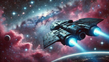Naklejka premium Spaceship Traveling Through Distant Galaxy
