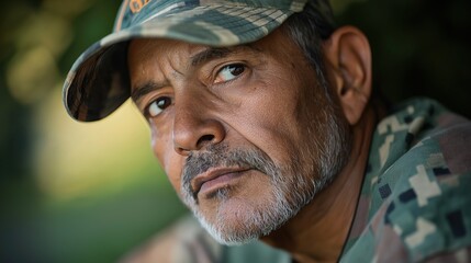 Obraz premium A thoughtful Hispanic veteran gazes off, embodying pride and honor on Veterans Day