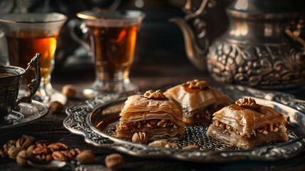 Turkish baklava, layers of filo pastry filled with nuts and honey syrup, served on a silver platter with Turkish tea in ornate glassware