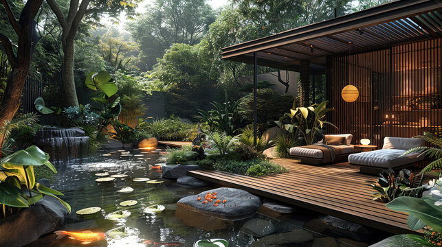 A Cozy, nature-inspired fall outdoor space with a small fish pond surrounded by lush greenery, wood decking and comfortable seating. The setting has a warm, rustic design with wooden structures.