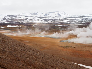 An expansive geothermal field with steam rising from multiple vents and distant snowy mountains, capturing the vastness and contrasting elements of this unique environment.
