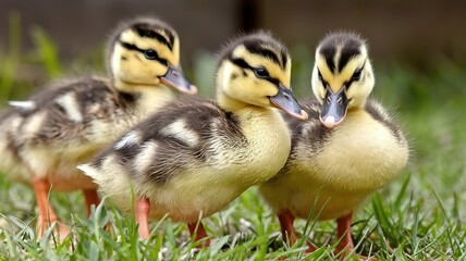 Closeup of the fluffy yellow ducklings on the grassy ground