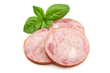 Sliced turkey ham, isolated on white background.