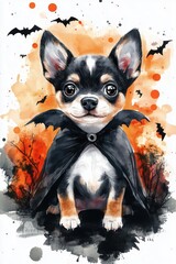 cute adorable puppy in a jack-o-lantern costume, children's illustration for Halloween
